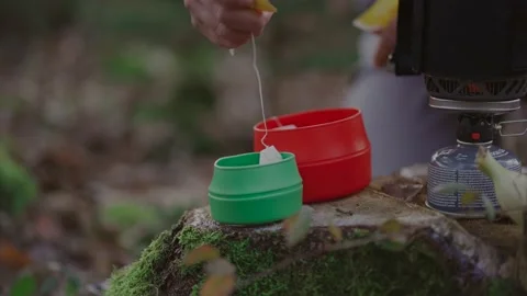 Man hiker making tea while camping, boiling water on burner in woods on stump in Video stock 233177030
