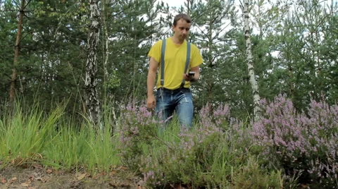 Man hiker walking through the forest and talking on the phone. Yellow T-shirt Stock Footage 66269923