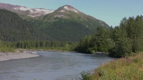 Man hikes along small river in very wide view. Stock Footage 78939891