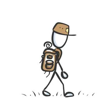 Man hiking with backback. Walking trip. Hand drawn travel. Stickman cartoon Stock Illustration