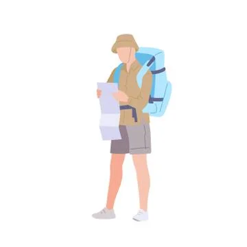 Man with hiking backpack explores the map. Young guy traveller in sportswear Stock Illustration
