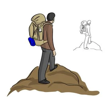 Man hiking with backpack standing on the top of the mountain vector illustrat Stock Illustration
