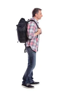Man Hiking with a Backpack on a White Background Stock Photos