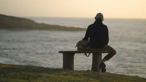 Man hiking close to big cliffs and heavy ocean in Basque Coast, Spain Video stock 154776805