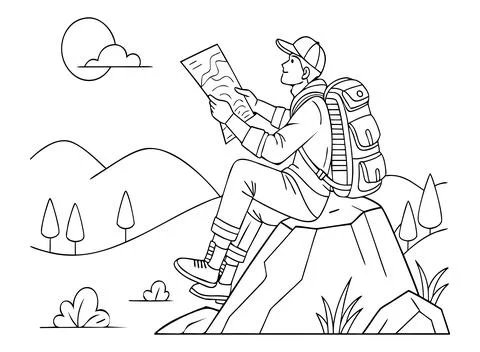 Man hiking on mountain with backpack and map looking for directions. Stock Illustration