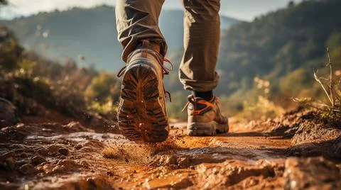 A man hiking through the mud path, wearing leather shoes Stock Photos