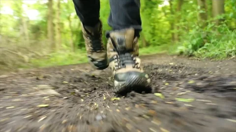 Man Hiking through Nature. Low Angle Boots Walking through Forest Woodland Stock Footage 111236618