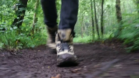 Man Hiking through Nature. Low Angle Boots Walking through Foggy Forest Woodland Stock Footage 111237003