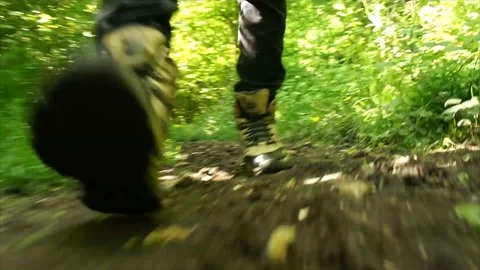 Man Hiking through Nature. Low Angle Boots Walking through Forest Woodland Stock Footage 111237232