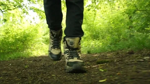 Man Hiking through Nature. Low Angle Boots Walking through Forest Woodland Stock Footage 111237233