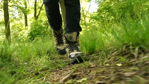 Man Hiking through Nature. Low Angle Boots Walking through Forest Woodland Stock Footage 111237262