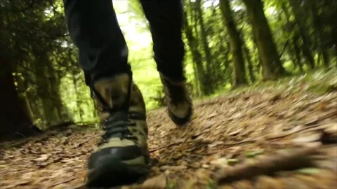 Man Hiking through Nature. Low Angle Boots Walking through Forest Woodland Stock Footage 111237287