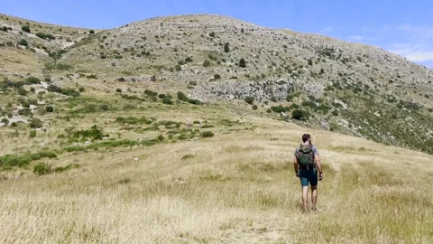 Man Hiking Toward Mountain Summit on Trail, Ground Level View Stock Footage 338007256