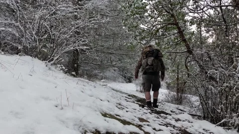Man hiking on the trail in the snow Stock Footage 172566544