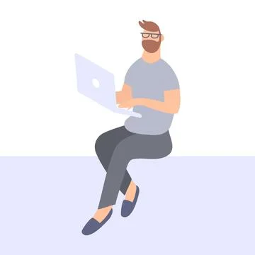 Man hipster work on laptop.Programmer on remote work, distance E-learning Illustrazione stock