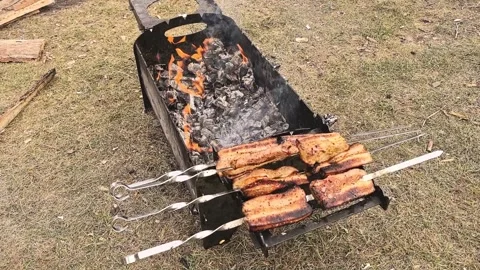A man in his 30s grilling meat on a barbecue Stock Footage 323855030