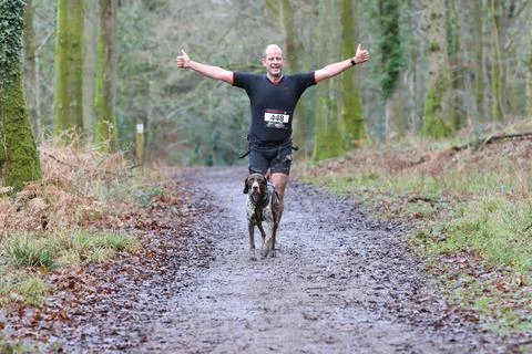Man with his German Shorthaired Pointer dog running in the forest during a race Stock Photos