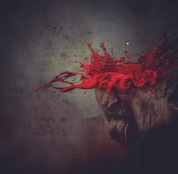 Man with his head exploding, blood, concept pain, migraine Illustrazione stock