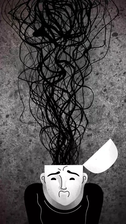 Man with his head opening and a tangled mass of thoughts emerging Stock Footage 342377277