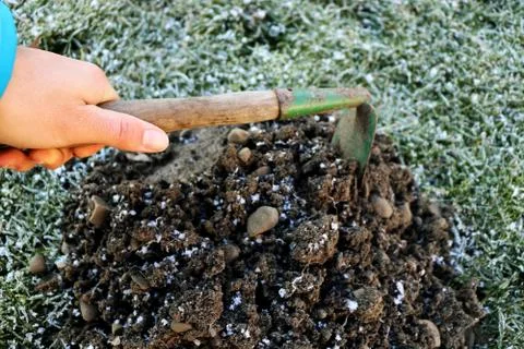 A man with hoe digging a molehill Stock Photos