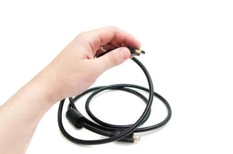 Man hold cable of hdmi Stock Photos