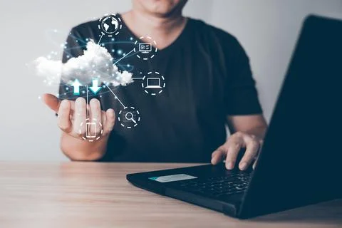 Man hold cloud computing diagram show on hand.Data storage.Digital technolo.. Stock Photos