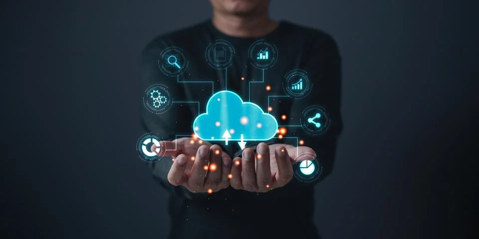 Man hold cloud computing  system diagram show on hand.Data storage.Digital .. Stock Photos