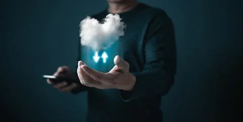 Man hold cloud computing system diagram show on hand.Data storage.Digital t.. Фото