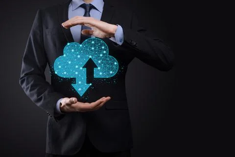 Man hold Cloud icon technology. Polygonal wireframe cloud storage sign with t Stockfoto's