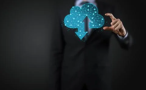 Man hold Cloud icon technology. Polygonal wireframe cloud storage sign with t Stock Photos