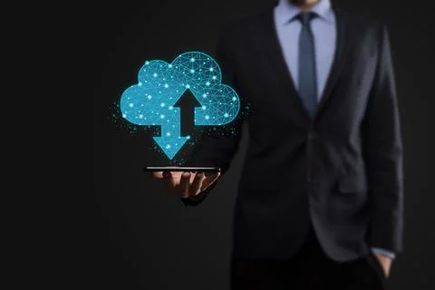 Man hold Cloud icon technology. Polygonal wireframe cloud storage sign with t Stock Photos
