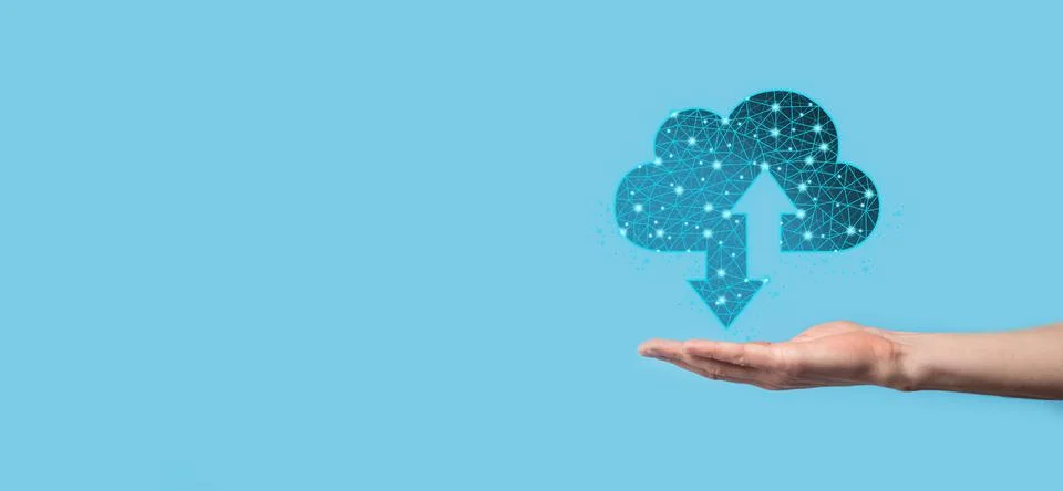 Man hold Cloud icon technology. Polygonal wireframe cloud storage sign with t Stock Photos