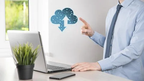 Man hold Cloud icon technology. Polygonal wireframe cloud storage sign with t Stock Photos