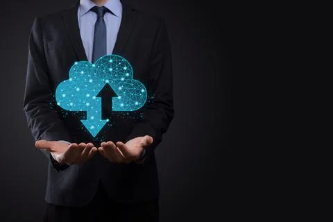 Man hold Cloud icon technology. Polygonal wireframe cloud storage sign with t Stock Photos