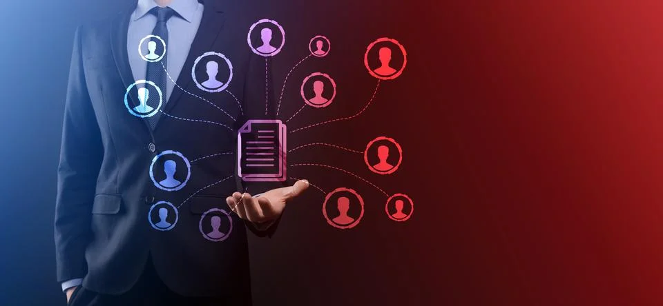 Man hold document and user icon.Corporate data management system DMS and docu 스톡 사진