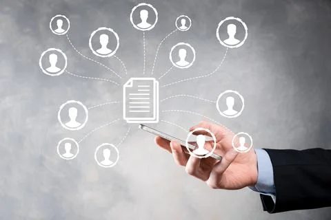 Man hold document and user icon.Corporate data management system DMS and docu 스톡 사진