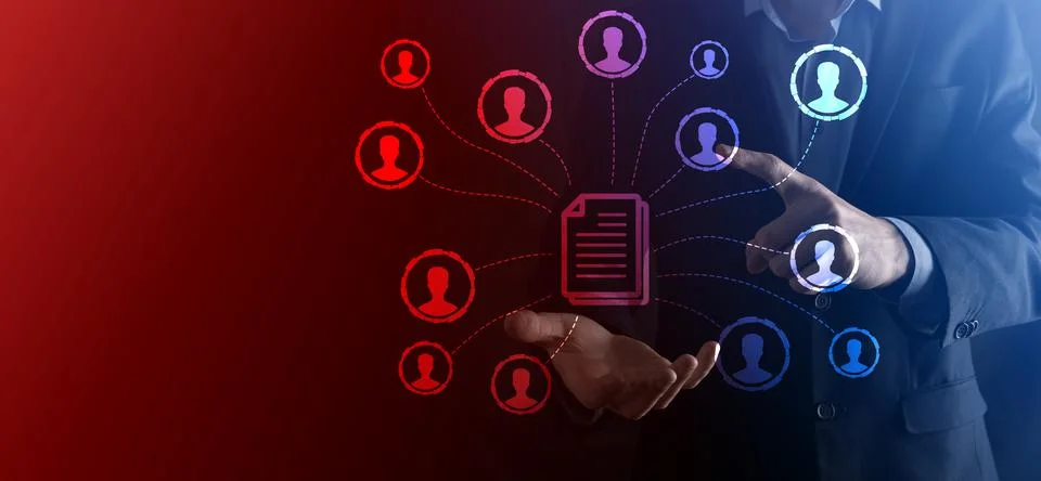 Man hold document and user icon.Corporate data management system DMS and docu Stockfoto's