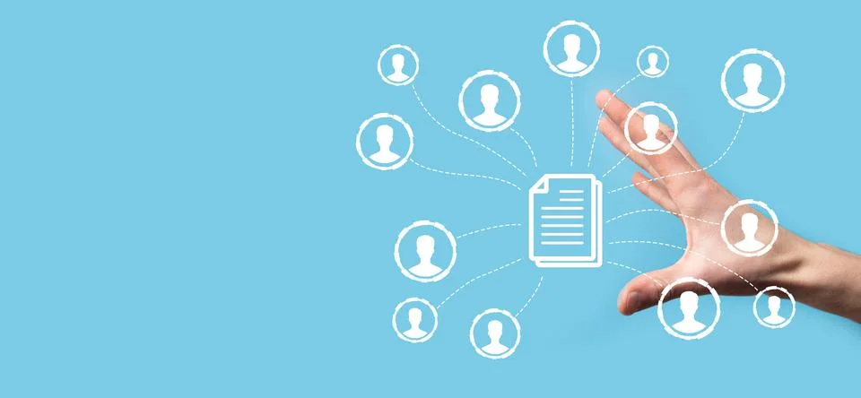 Man hold document and user icon.Corporate data management system DMS and docu Photos