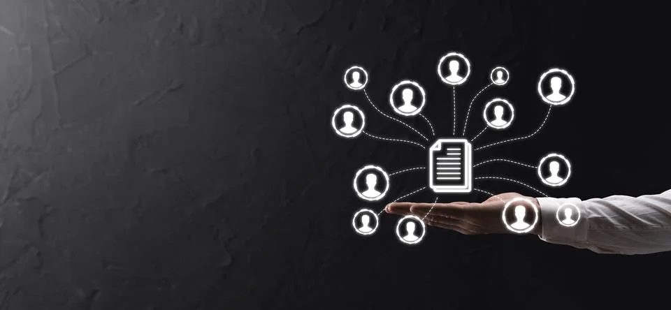 Man hold document and user icon.Corporate data management system DMS and docu Stock Photos