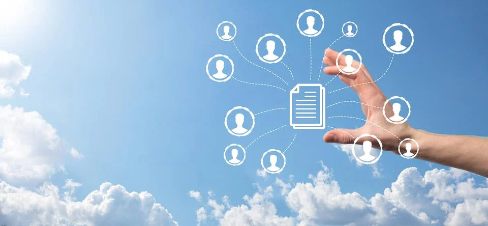 Man hold document and user icon.Corporate data management system DMS and docu Stockfoto's