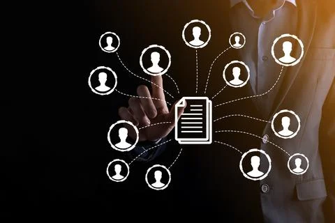 Man hold document and user icon.Corporate data management system DMS and docu Stock Photos