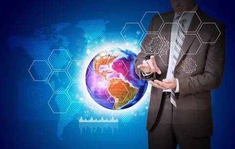 Man hold empty copy space. Earth with hexagons and world map 스톡 사진