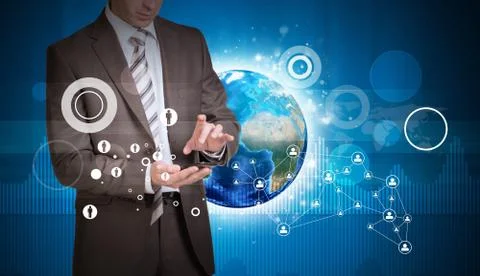 Man hold empty copy space. Earth with graphs and network Stock Photos