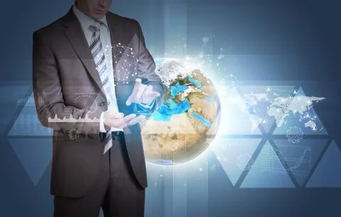 Man hold empty copy space. Earth with graphs and network as backdrop Stock Photos