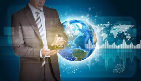 Man hold empty copy space. Earth with graphs and network 스톡 사진