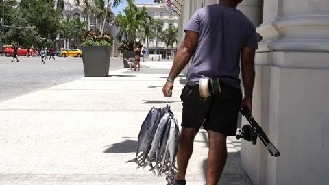 Man hold fish. Walking down the streets of Old Havana, Cuba  (La Habana Vieja) Stock Footage 93514007