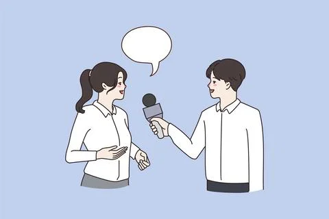 Man hold microphone speak interview smiling woman Stock Illustration