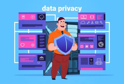 Man hold shield data privacy computing center with hosting servers infographic Stock Illustration