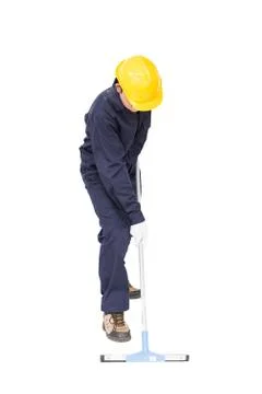 Man hold squeegee window cleaner isolated on white Stock Photos
