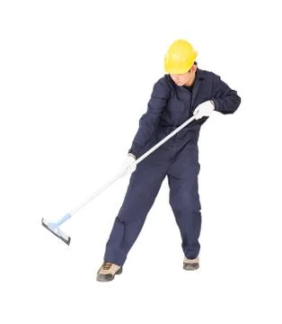 Man hold squeegee window cleaner isolated on white Foto stock